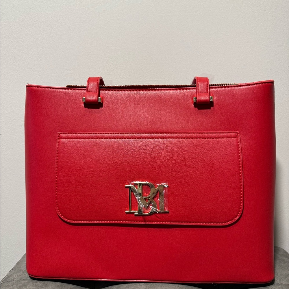 Vibrant Red Leather Tote with Gold Emblem